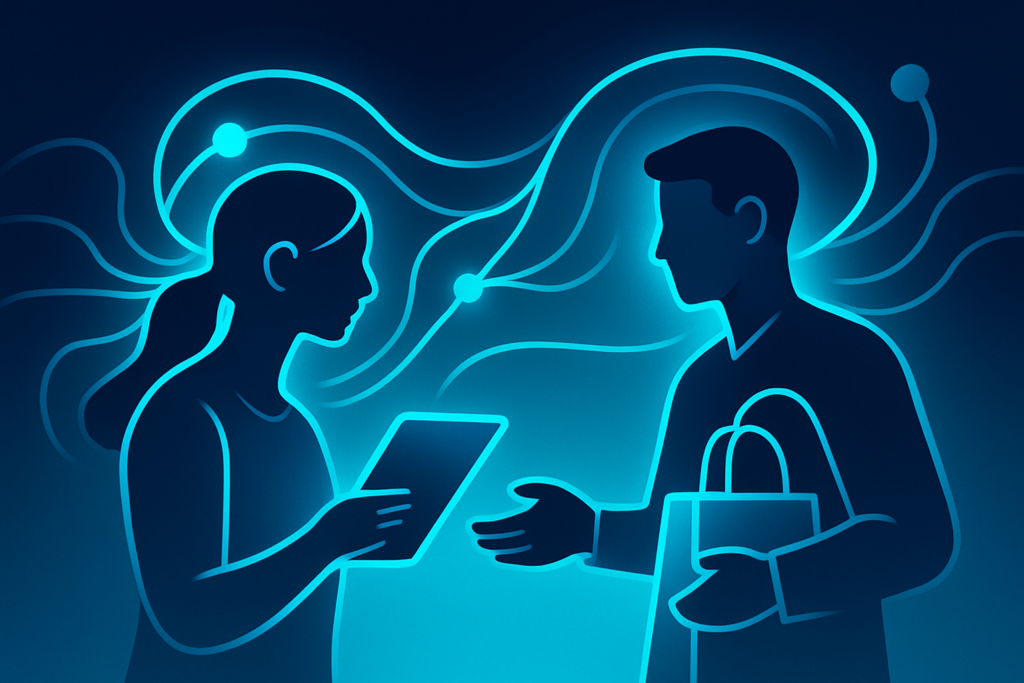 Abstract digital neural pathways and glowing human silhouettes symbolizing AI-driven customer service.