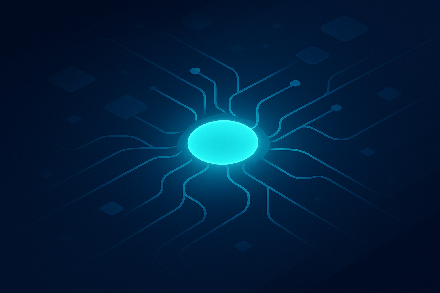 Abstract digital nexus with glowing cyan circuits and geometric shapes on dark gradient background.