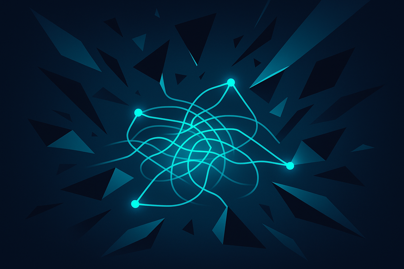 Abstract digital nexus with glowing cyan data streams, shattered glass shapes, and interconnected pulsing nodes.