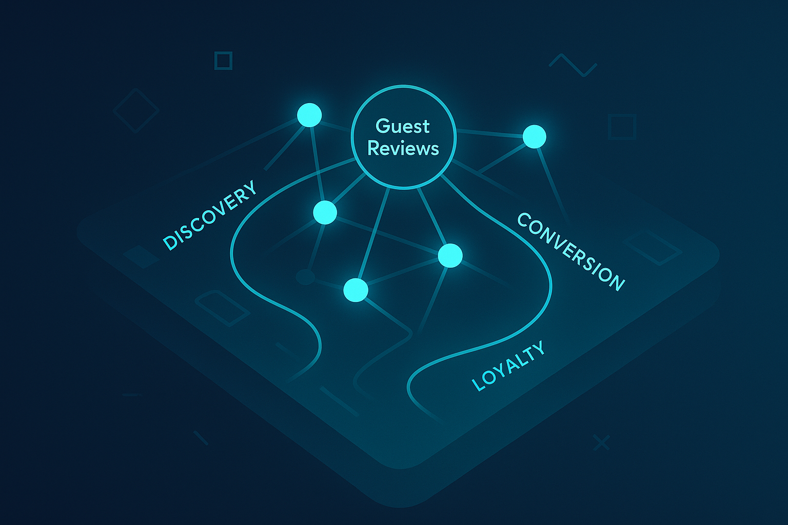 Abstract digital nexus with glowing cyan nodes, pathways, and geometric shapes on dark blue background.