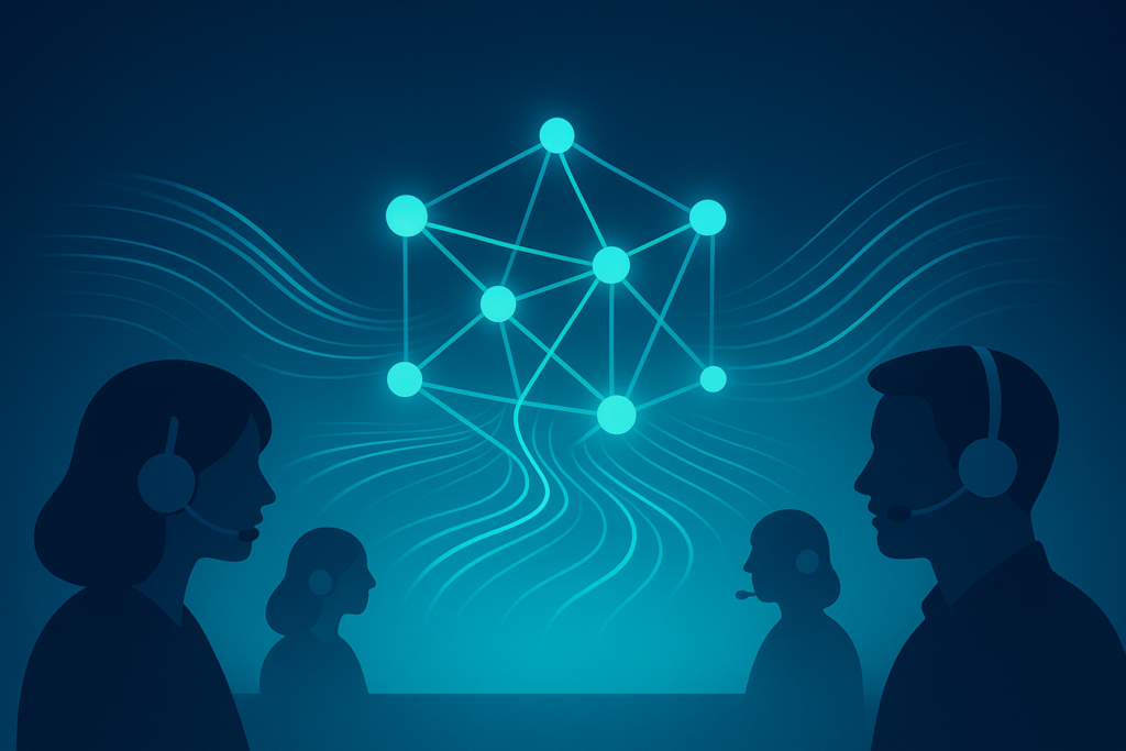 Abstract digital nexus with glowing interconnected nodes, data streams, and minimal human silhouettes.