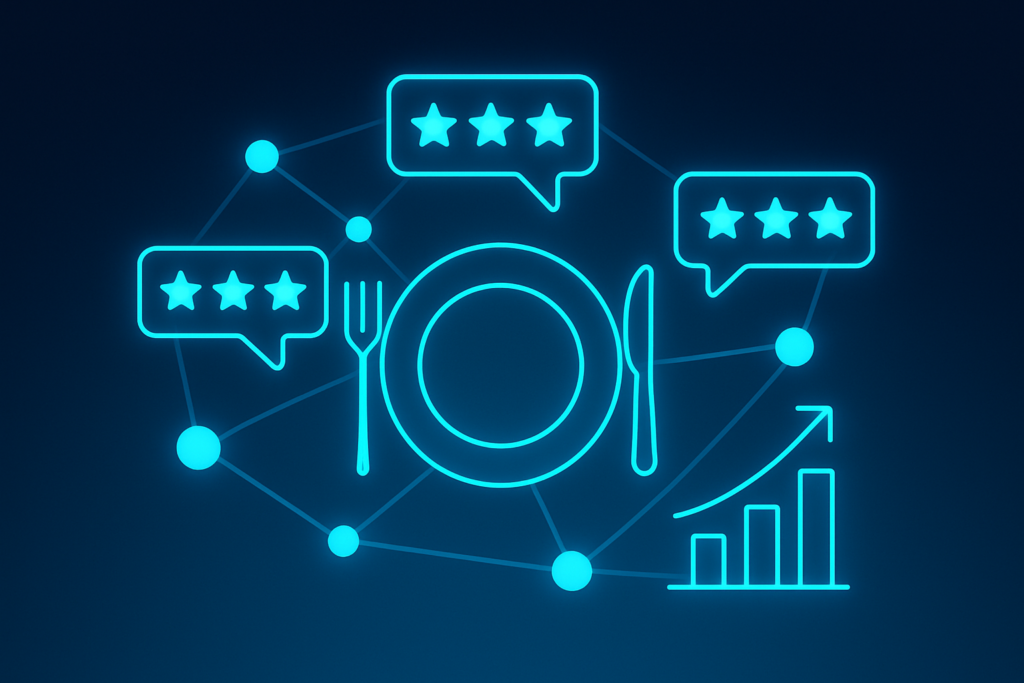 Abstract digital nodes with star ratings, graphs, and neon plate and cutlery motifs on a dark gradient background.