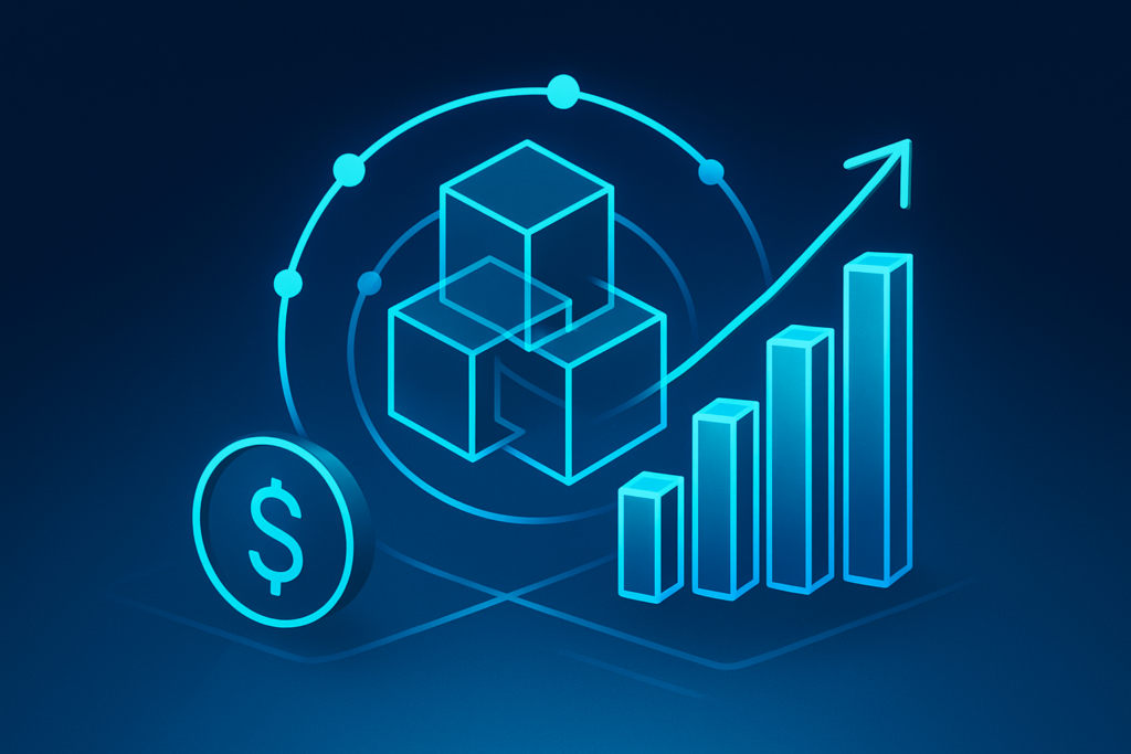 Abstract financial ecosystem with glowing interconnected cubes and ascending bars in dark blue and cyan tones.