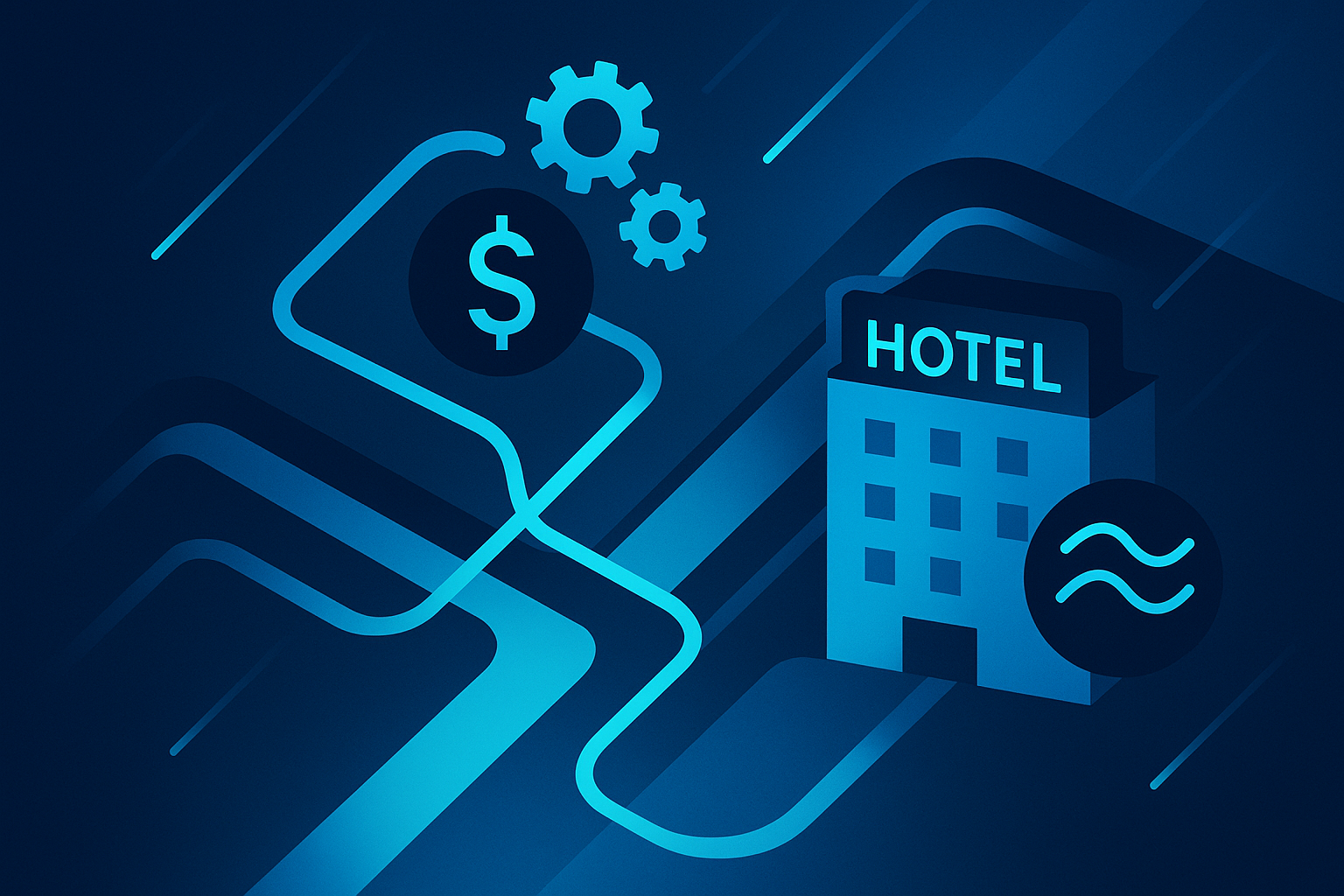 Abstract flat illustration of interconnected geometric shapes and flowing lines in neon cyan on dark blue background.