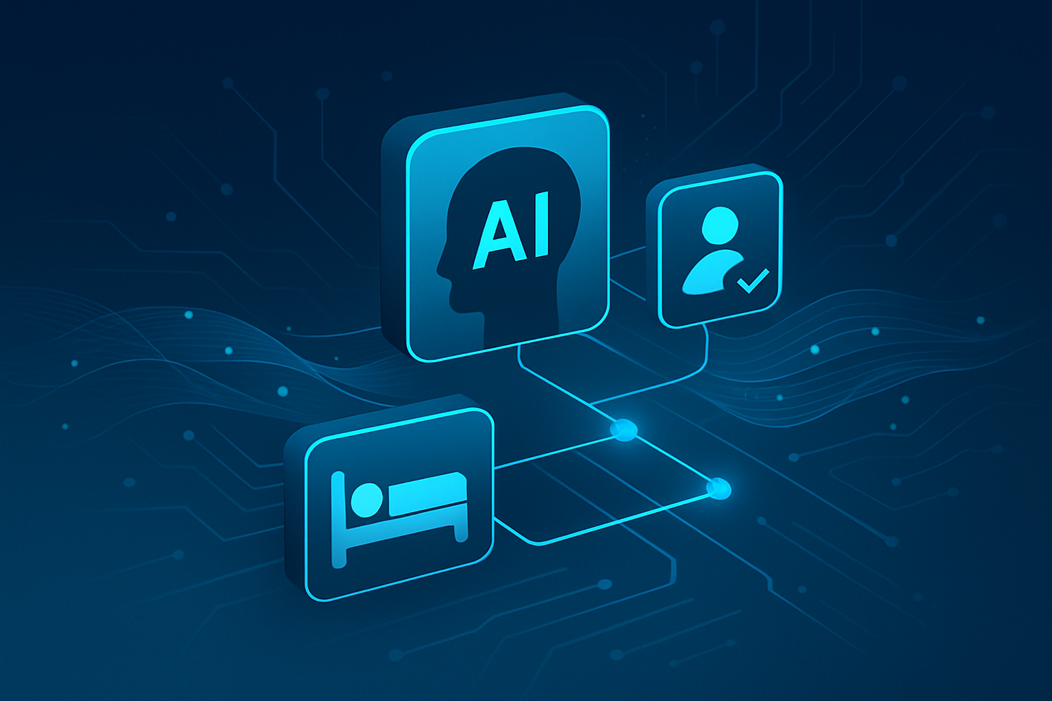Abstract flat illustration of interconnected geometric shapes, digital waves, and glowing data streams in dark blue and cyan.