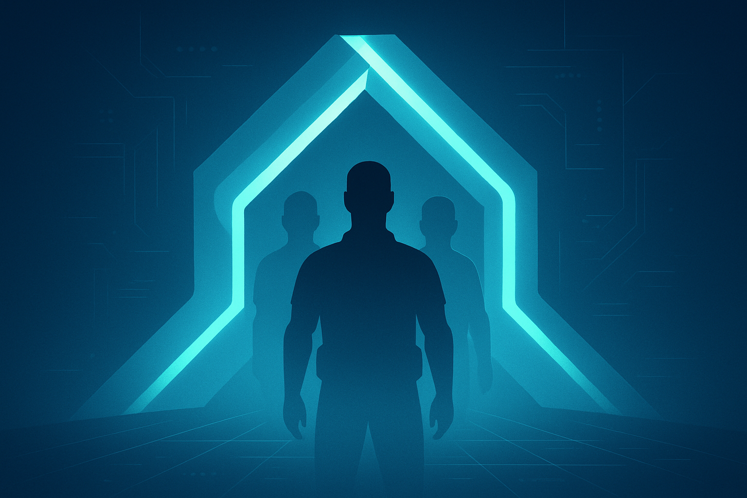 Abstract gateway with glowing cyan paths, silhouetted figures, digital gridlines, symbolizing transformation.