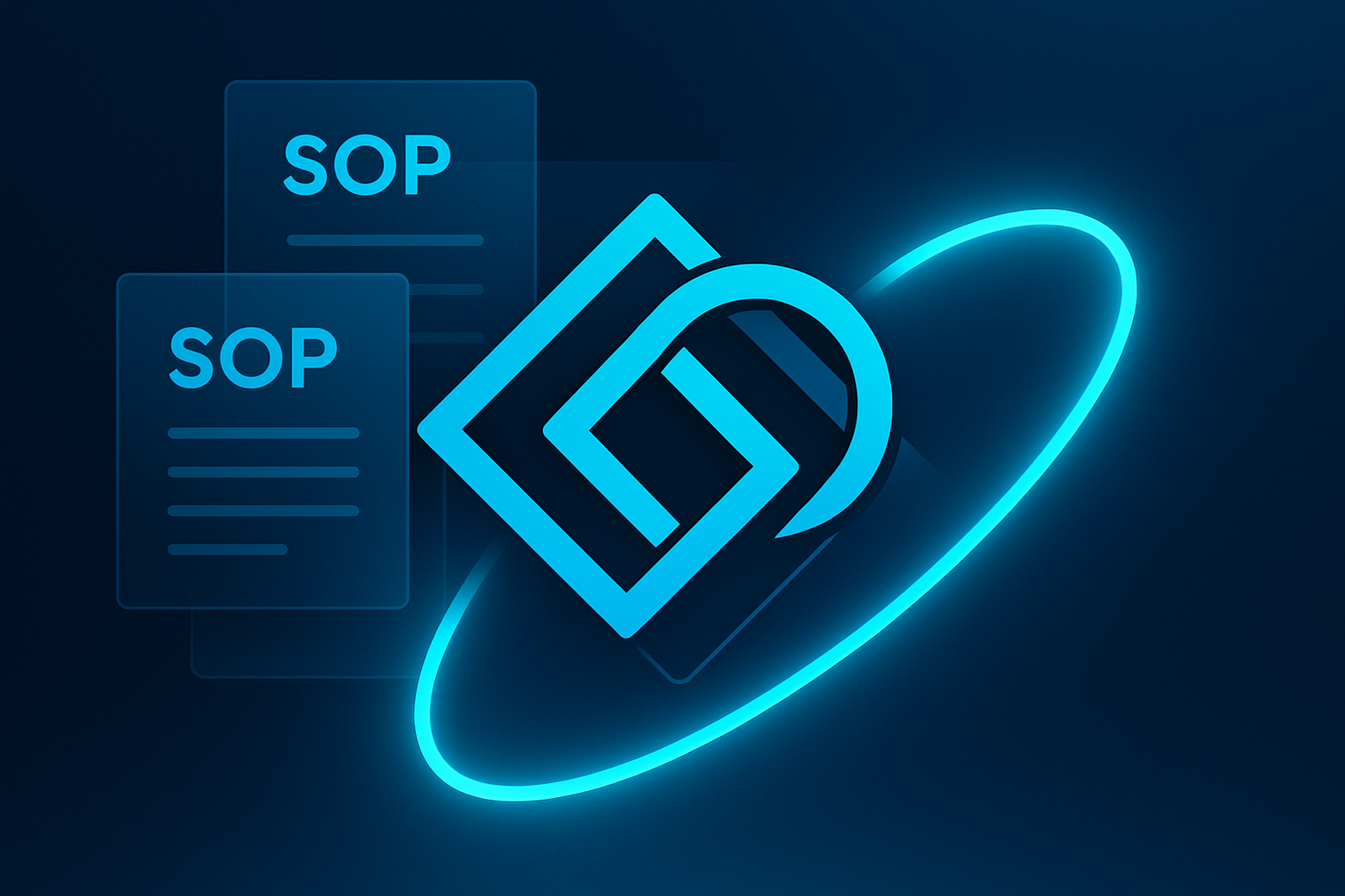 Abstract geometric shapes with glowing lines and translucent panels on a dark gradient background.