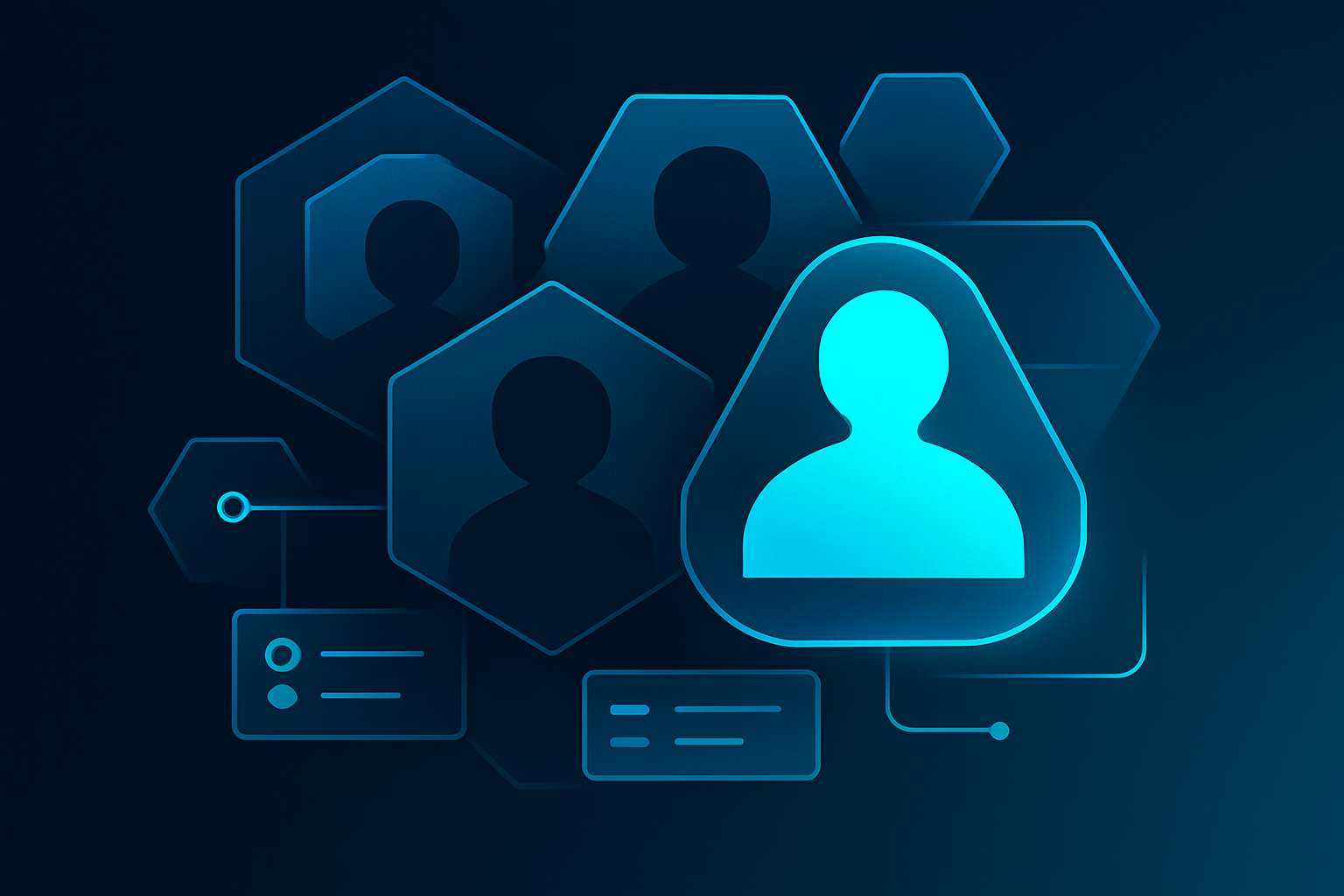 Abstract geometric shapes with interconnected lines in dark blue and cyan, symbolizing customer data.