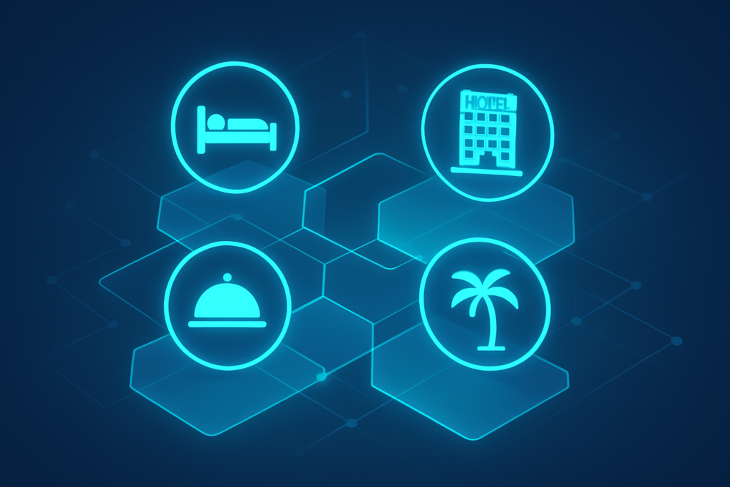 Abstract geometric shapes with neon cyan edges interconnected on a dark gradient background.