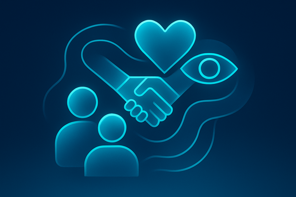 Abstract geometric shapes with neon cyan glow symbolizing trust, empathy, and leadership qualities.