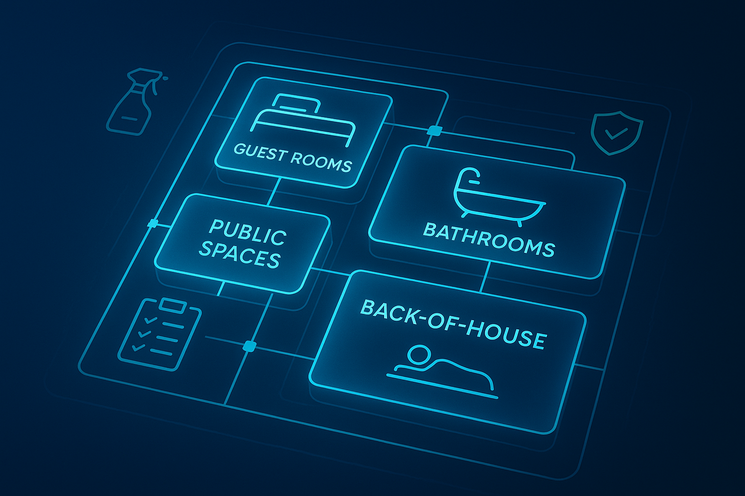 Abstract glowing blueprint of interconnected hotel zones with icons, layered geometric shapes, and neon accents.