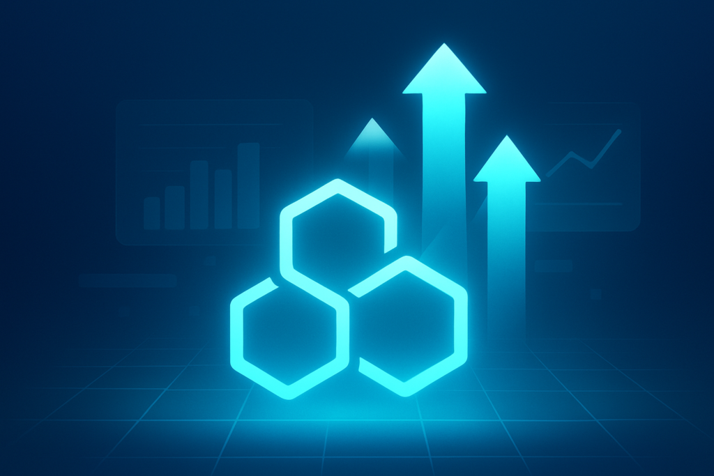 Abstract glowing geometric shapes, arrows, and charts representing growth and strategic insight.
