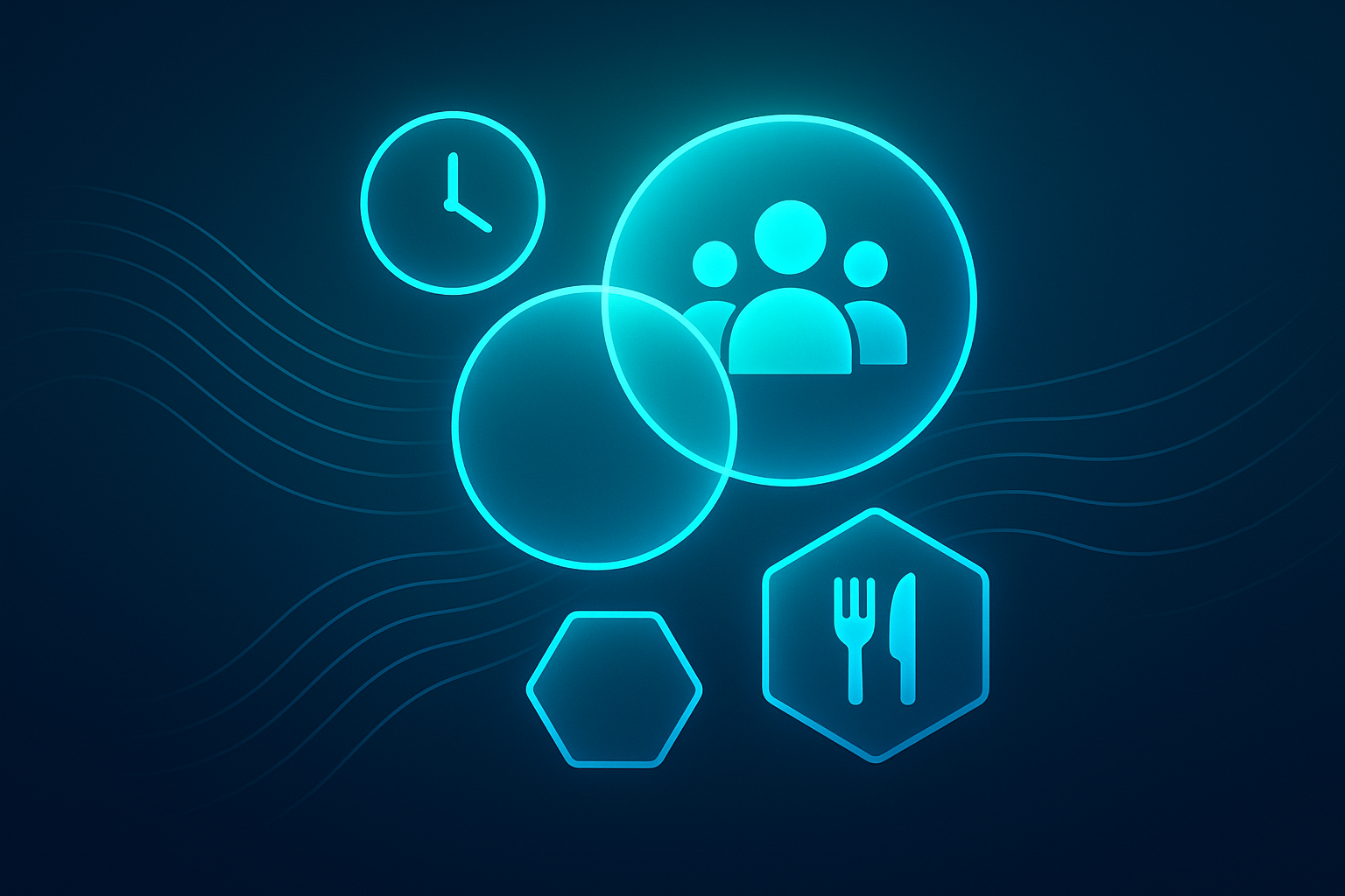 Abstract glowing geometric shapes with icons of clocks, silhouettes, and dining motifs on a dark gradient background.
