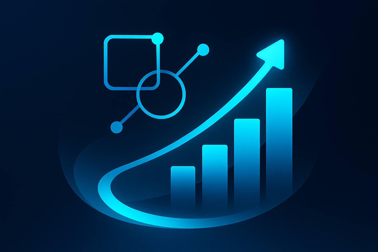 Abstract glowing geometric shapes with interconnected nodes against dark blue background, symbolizing optimization and efficiency.