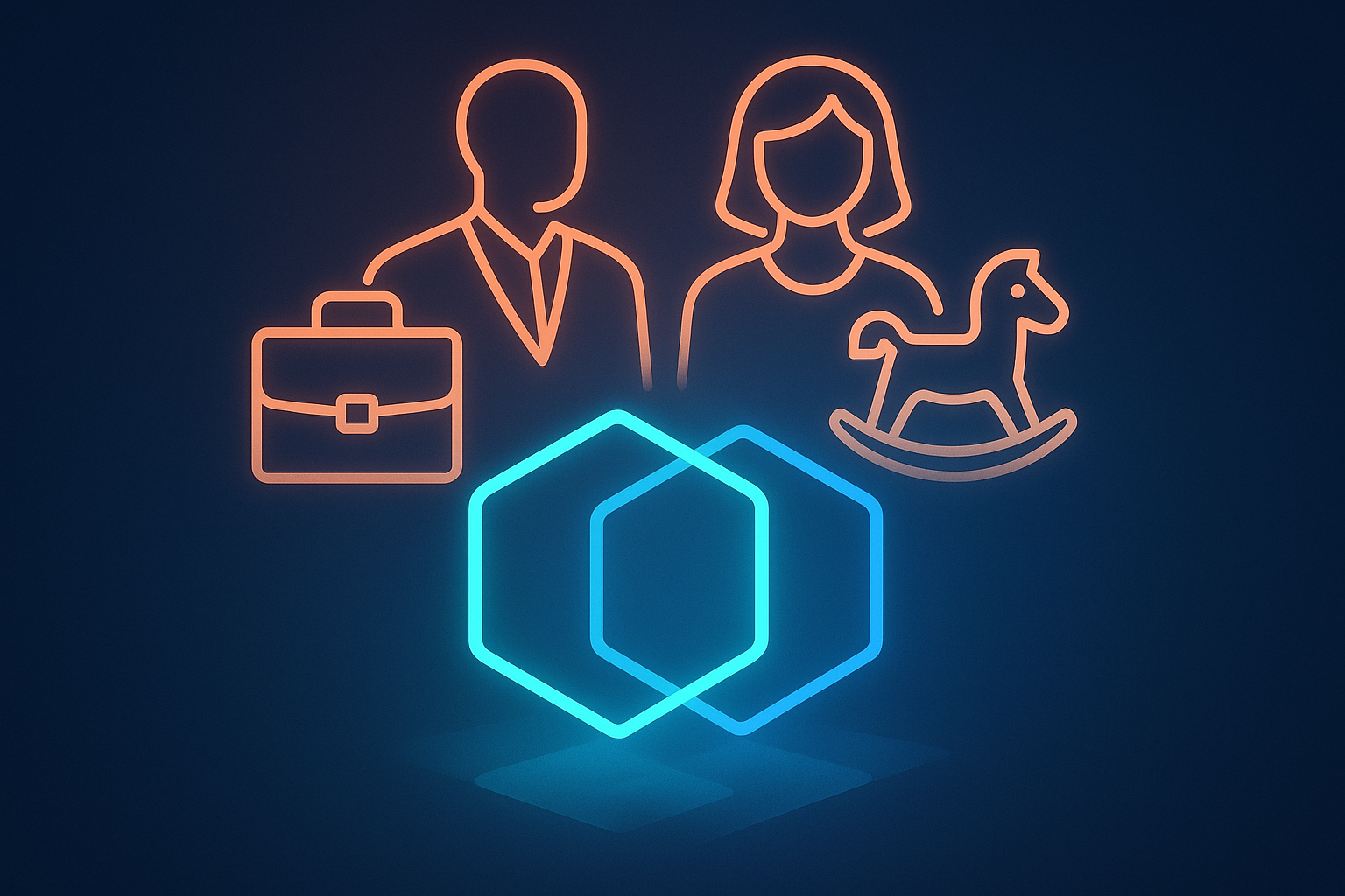 Abstract glowing geometric shapes with stylized figures of a business traveler and family.