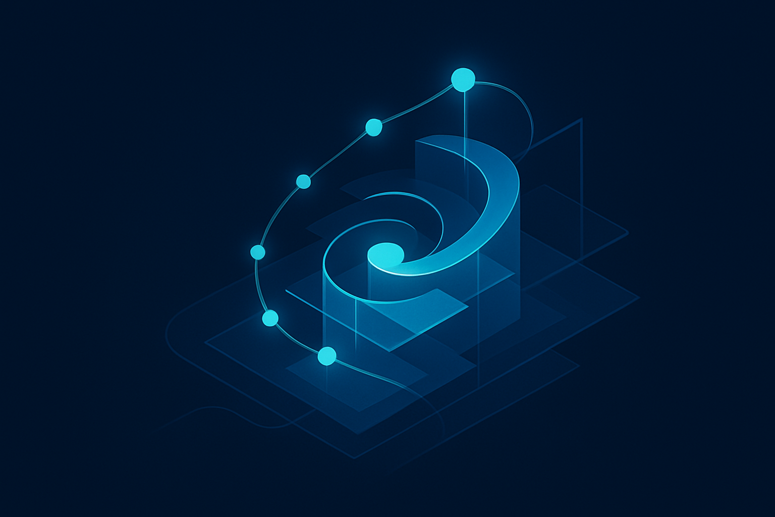 Abstract glowing growth spiral with interconnected nodes and geometric shapes in neon blue tones.