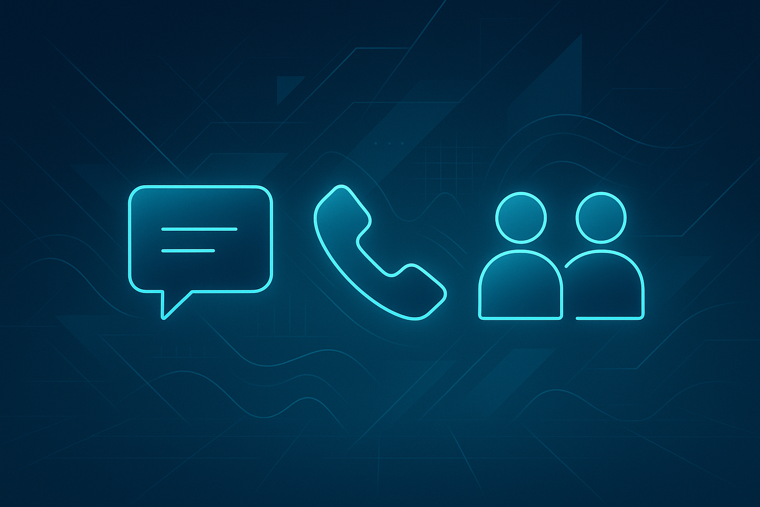 Abstract glowing icons for chat, phone, and in-person communication with geometric and digital elements.