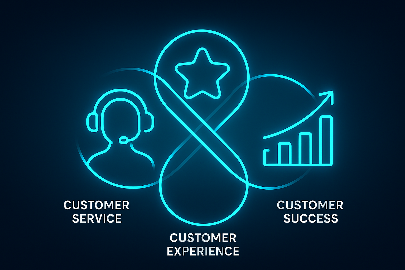 Abstract glowing lines and geometric shapes representing Customer Service, Experience, and Success in a digital ecosystem.