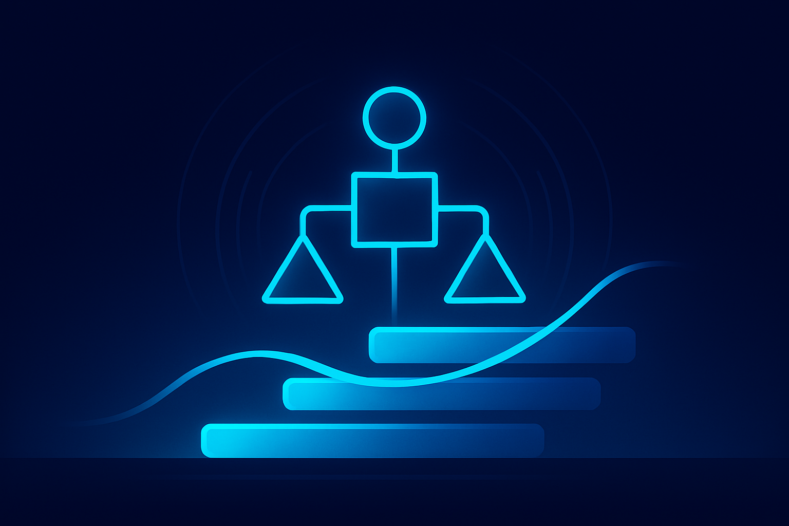 Abstract glowing network of interconnected shapes with geometric bars and curves in cool blue tones.