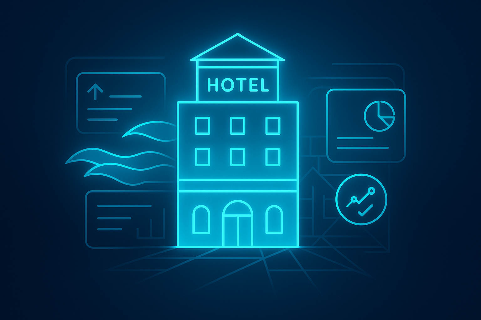 Abstract hotel blueprint with digital interfaces, ocean waves, and luxury motifs on dark background.