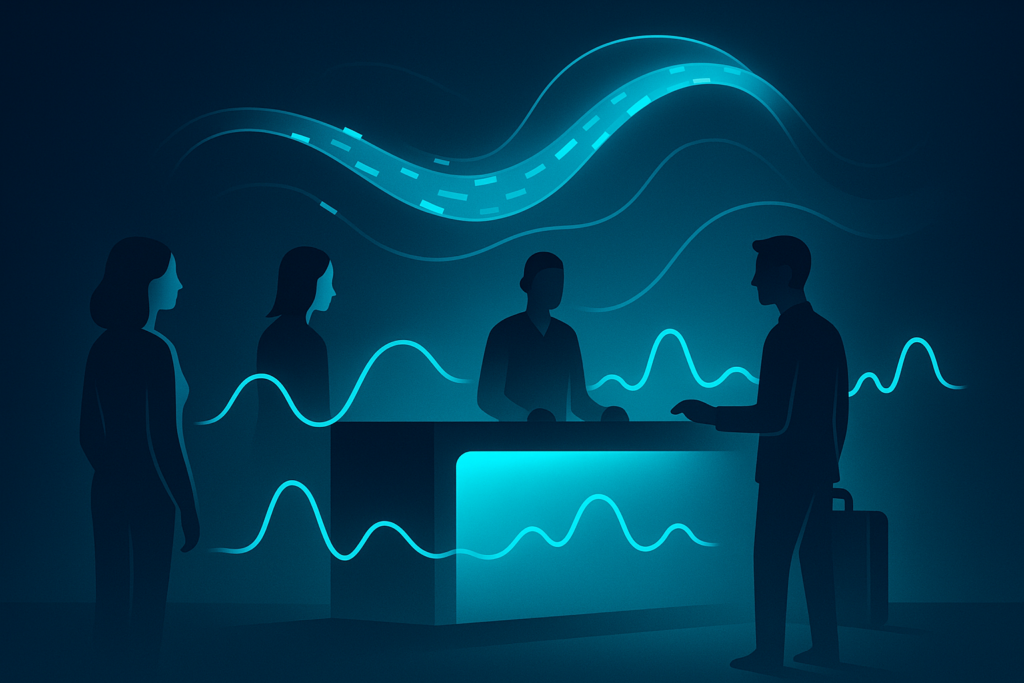 Abstract hotel lobby with glowing reception, floating data streams, and digital guest silhouettes.