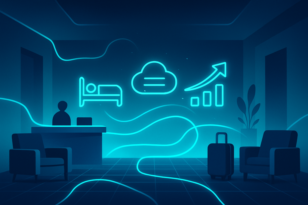 Abstract hotel lobby with neon glow, geometric shapes, holographic icons, and digital grid background.