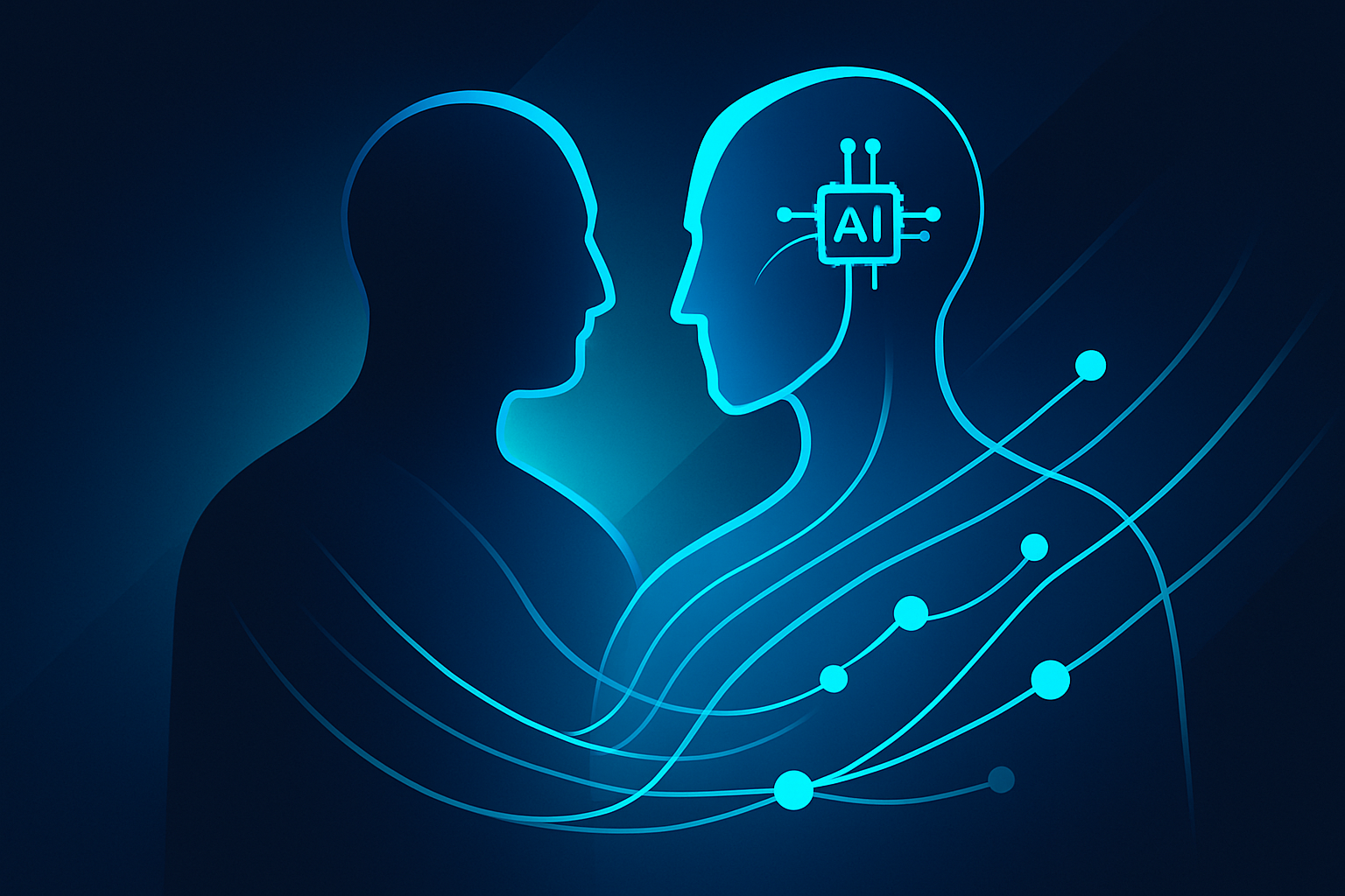 Abstract human silhouette and AI entity interconnected with digital nodes in neon blue and cyan.