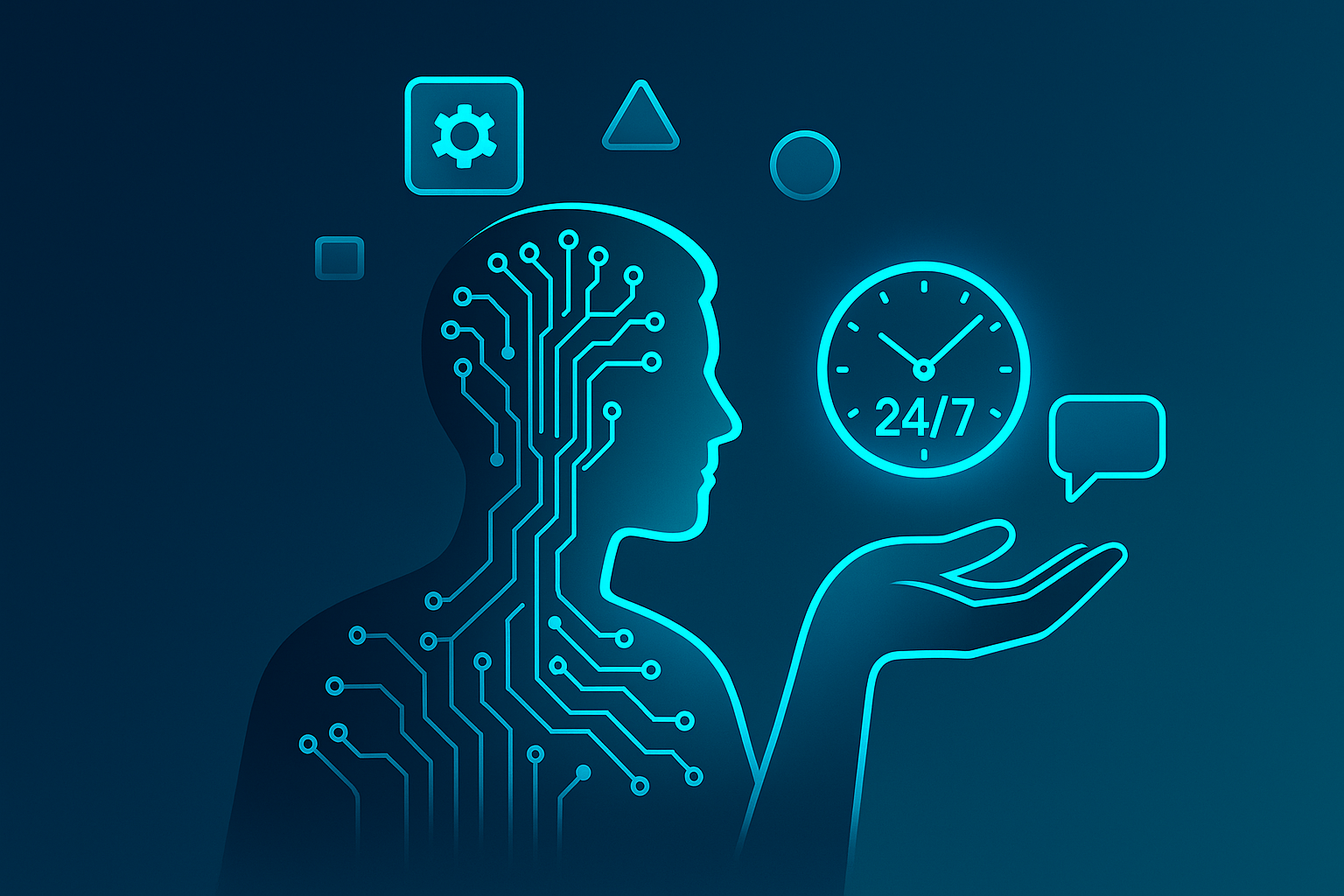 Abstract human silhouettes with circuit patterns, floating shapes, glowing clock, and speech bubble.