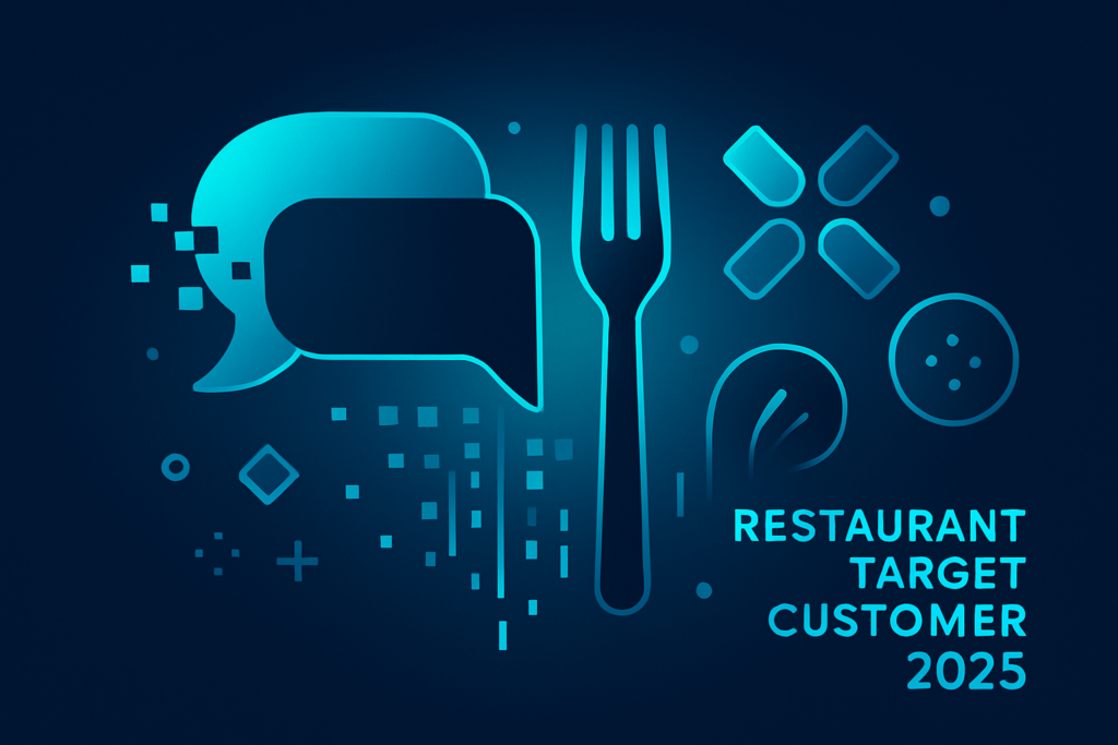 Abstract illustration of dining personas with digital symbols on dark neon-lit background.