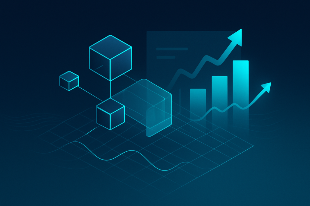 Abstract illustration of floating data nodes, charts, arrows, and glowing grids in dark blue with cyan highlights.