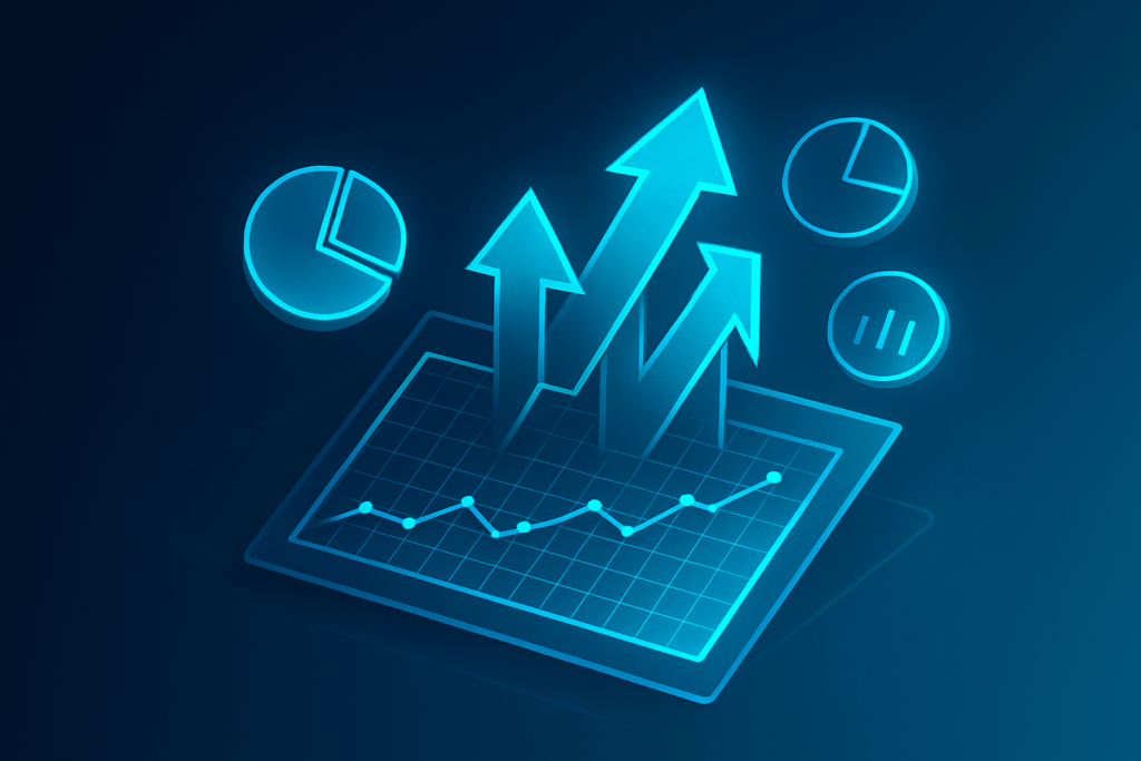 Abstract illustration of geometric shapes, arrows, and charts symbolizing data, analytics, and growth.