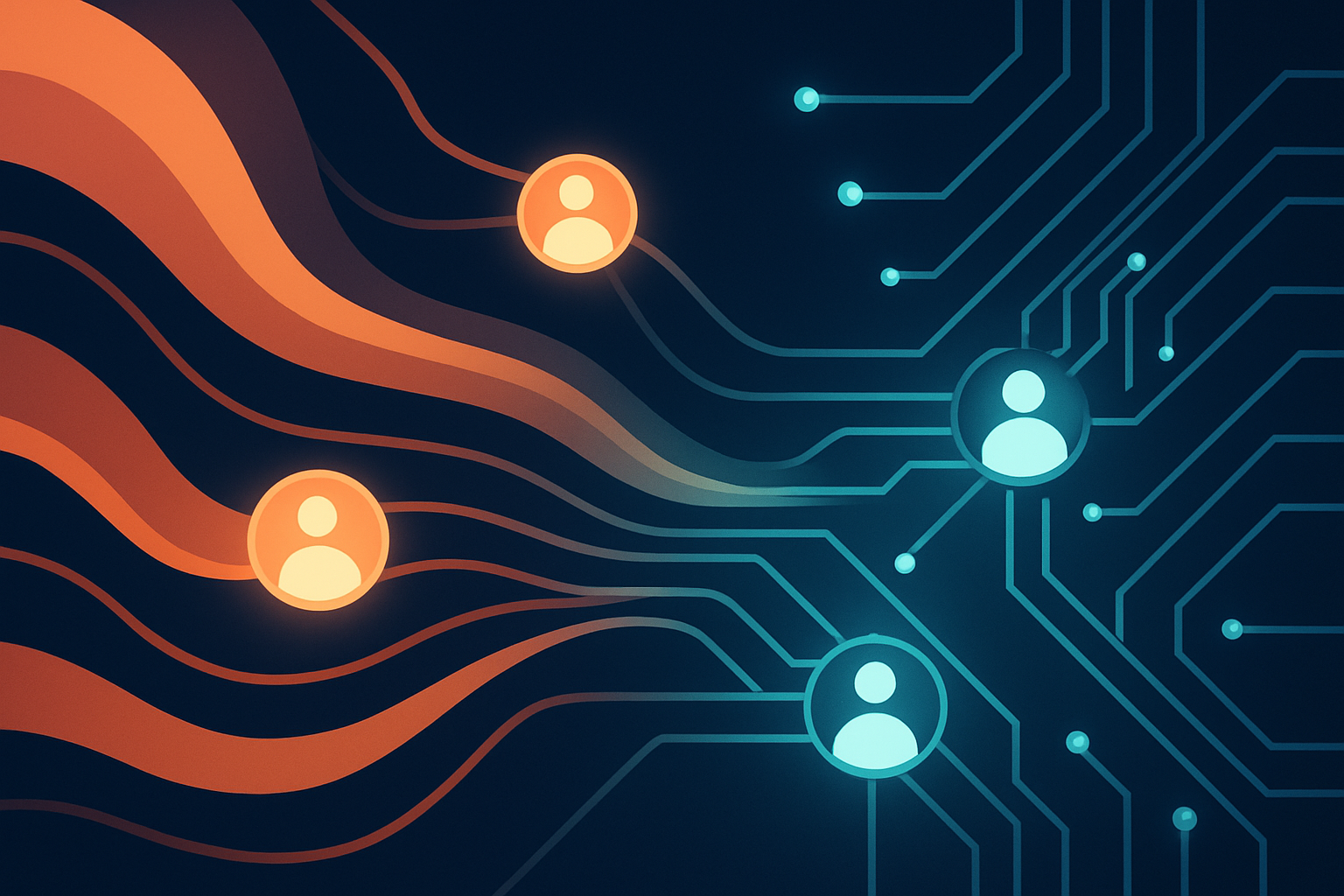 Abstract illustration of glowing circuits, data streams, and luminous orbs symbolizing personalized retail connections.
