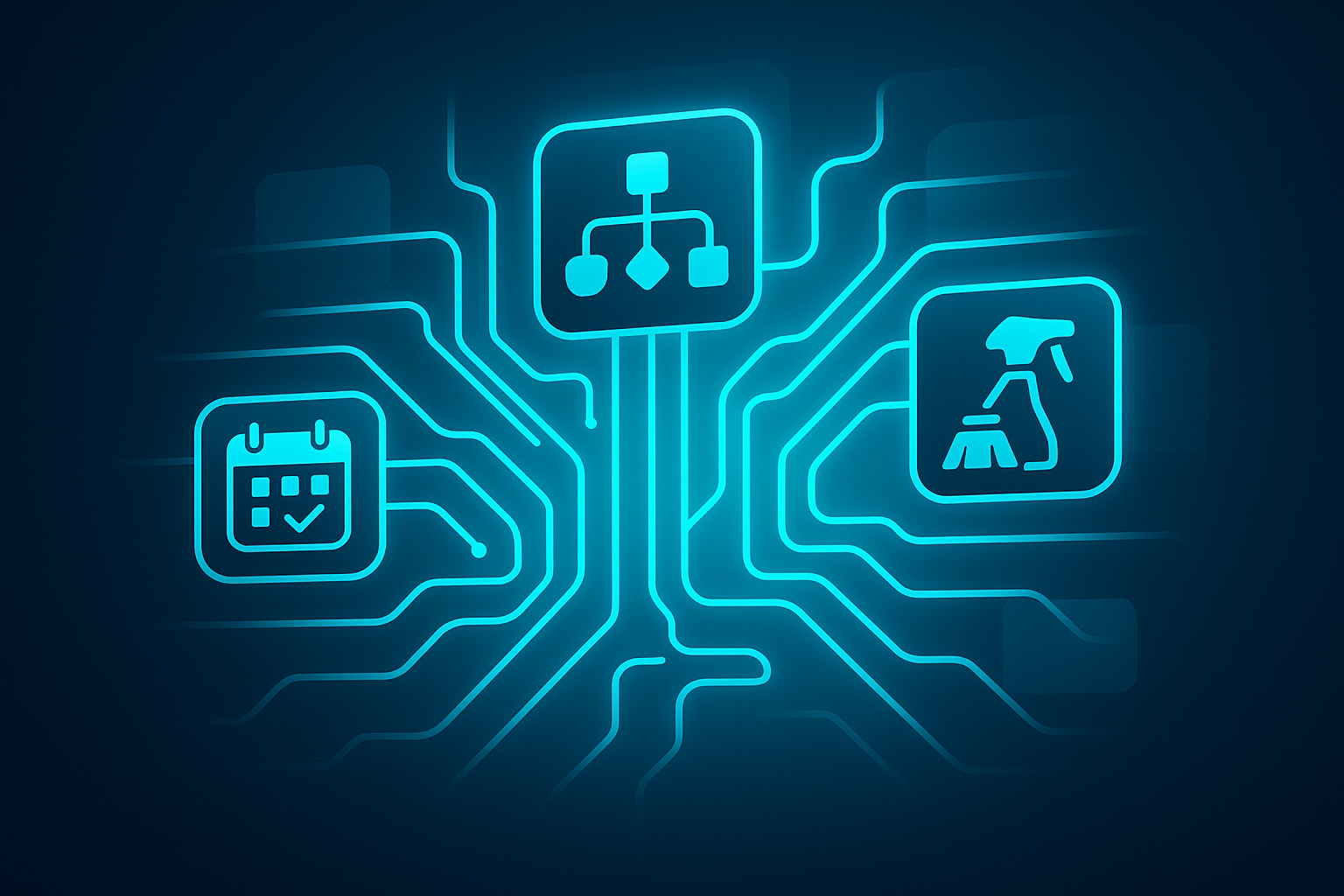 Abstract illustration of glowing cyan circuit lines connecting icons for reservations, workflows, and housekeeping.