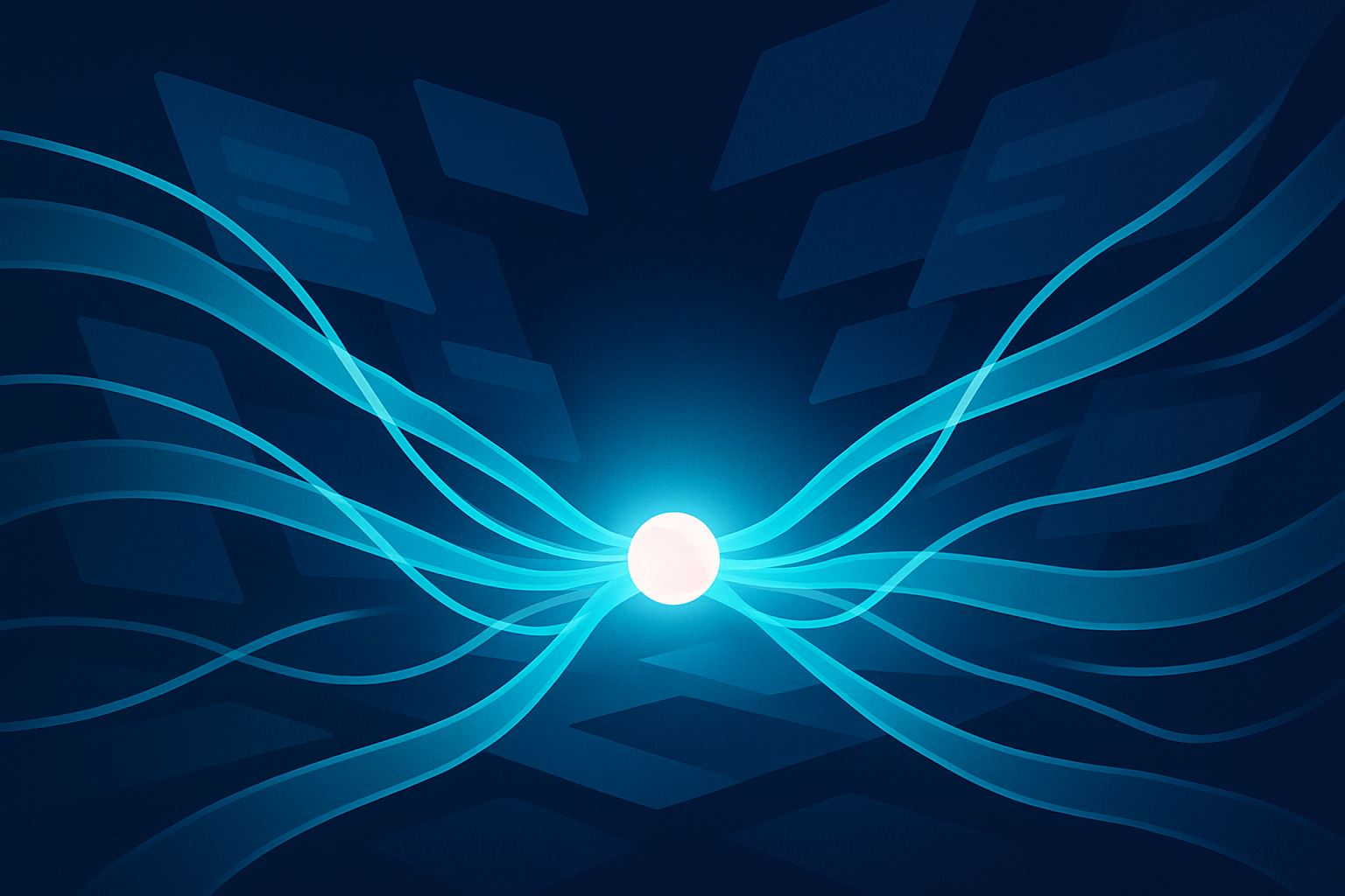 Abstract illustration of glowing cyan data streams converging into a central light core.