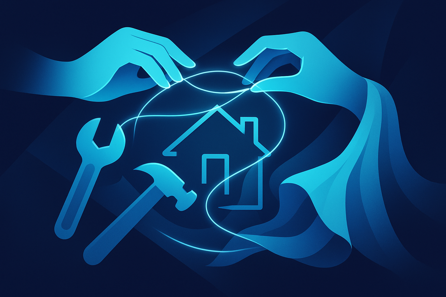 Abstract illustration of glowing cyan hands weaving light around a house, symbolizing teamwork and collaboration.