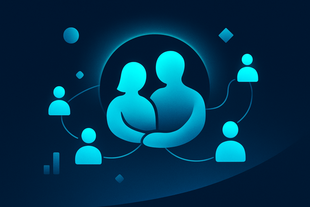 Abstract illustration of glowing cyan human silhouettes connected over a dark gradient background with geometric shapes.