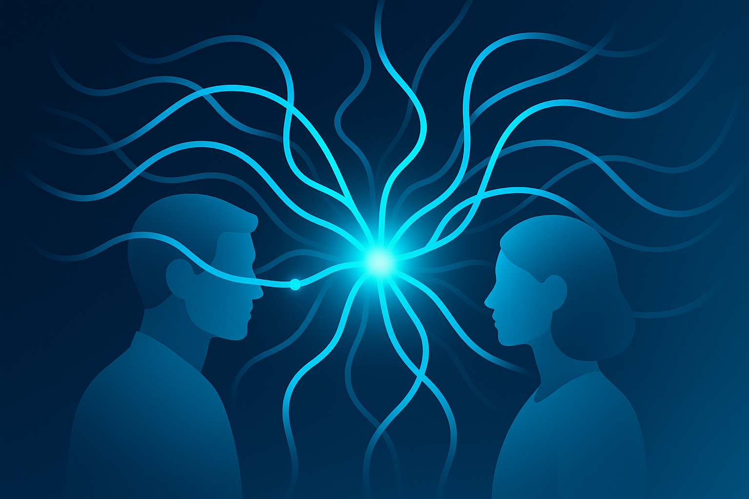 Abstract illustration of glowing cyan neural pathways intertwining with human silhouettes against a dark blue gradient background.