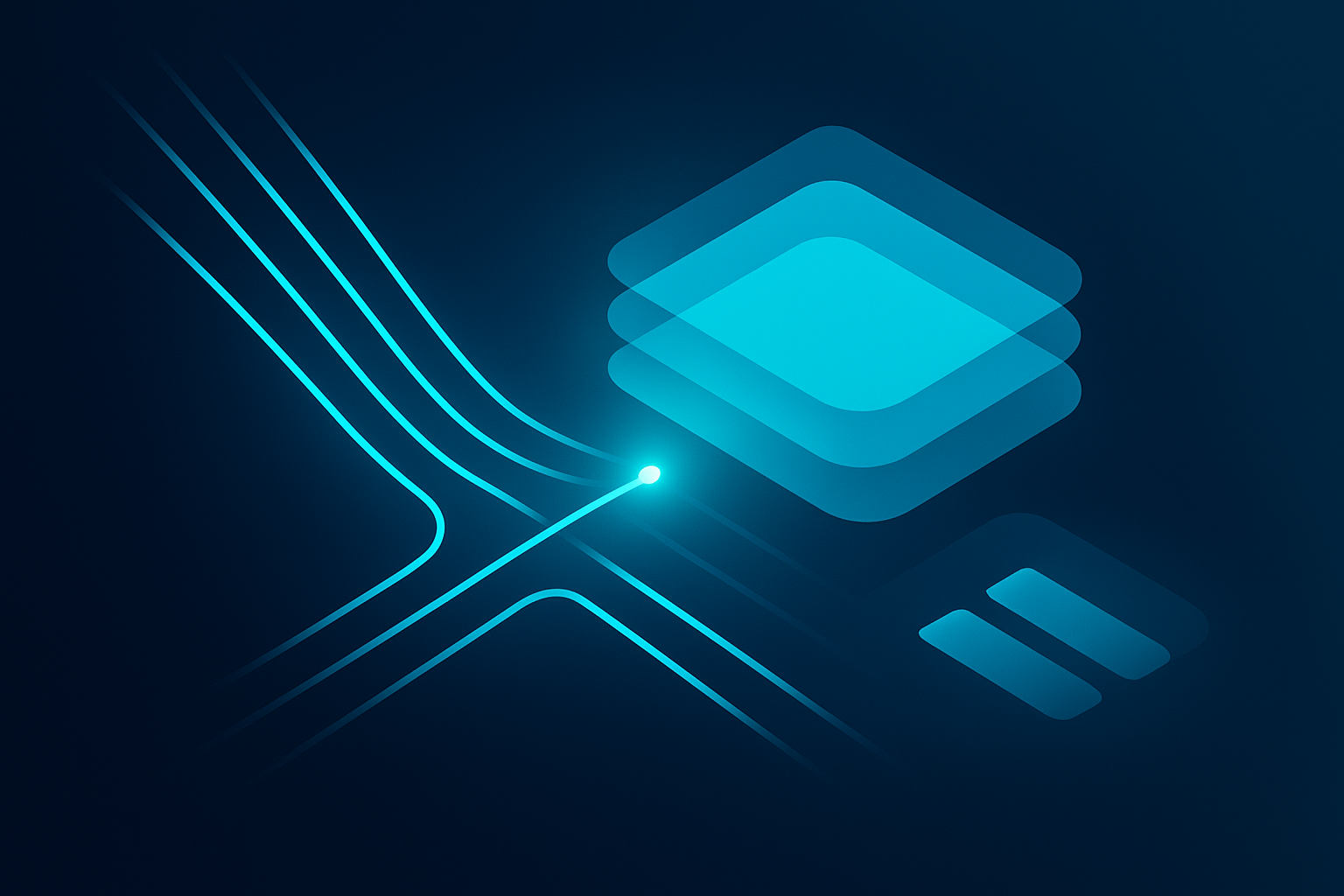 Abstract illustration of glowing data streams and geometric shapes on a dark blue gradient background.