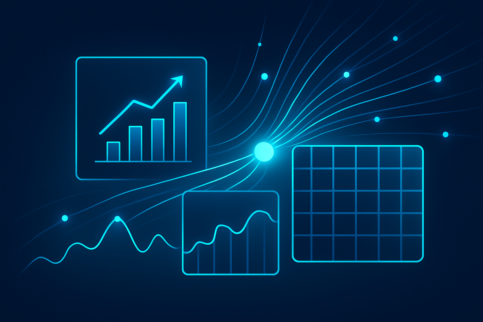 Abstract illustration of glowing data streams and geometric shapes representing hospitality analytics.