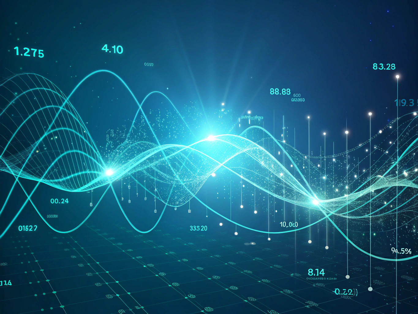 Abstract illustration of glowing data streams converging into a neon cyan core with geometric shapes and grid overlays.