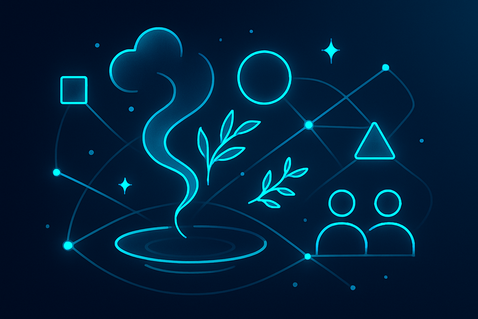 Abstract illustration of glowing interconnected lines, geometric shapes, vapor trails, herbs, and silhouettes.