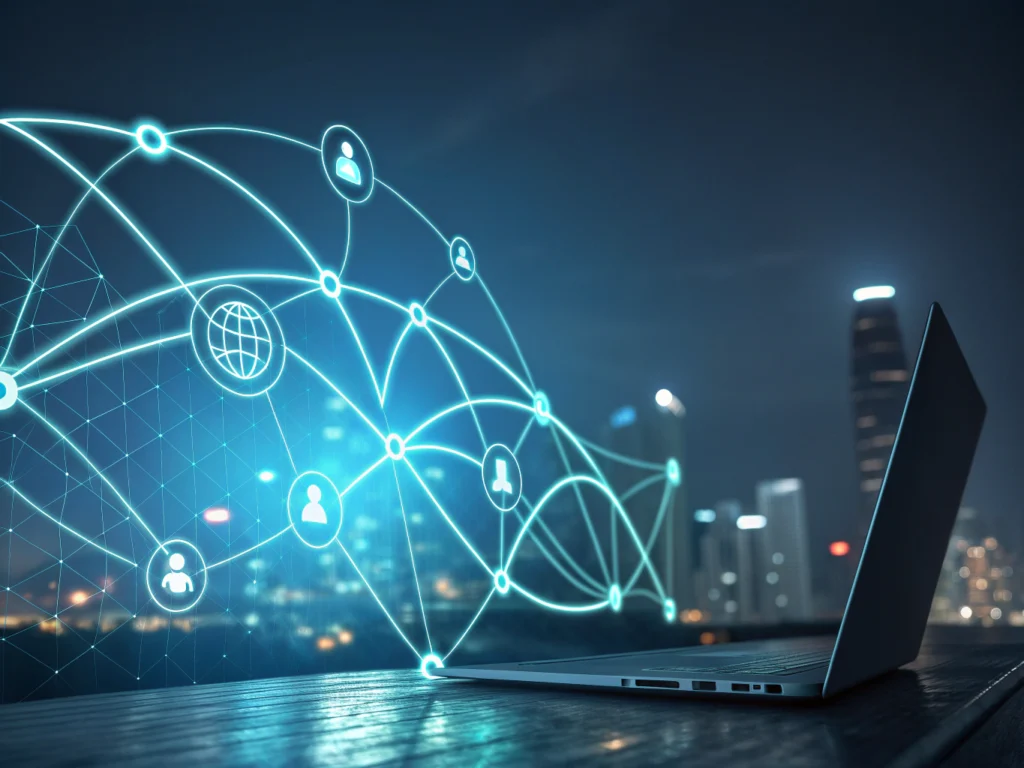Abstract illustration of glowing interconnected nodes and fluid shapes symbolizing communication and trust.