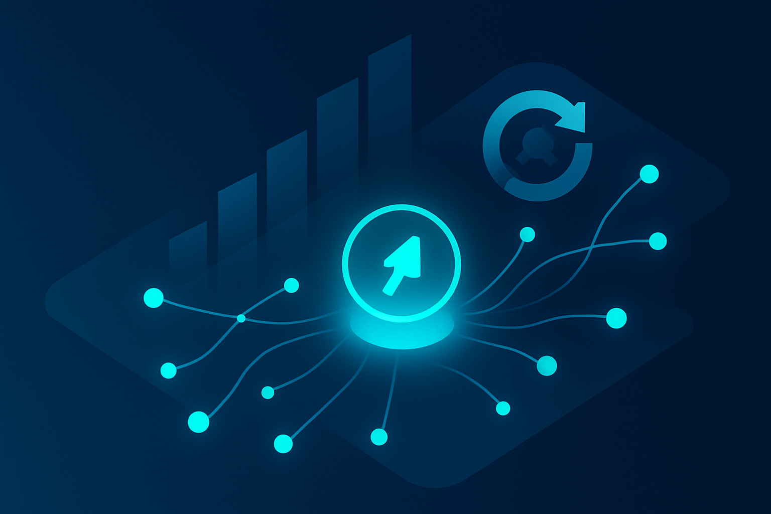 Abstract illustration of glowing interconnected nodes, data streams, and geometric shapes symbolizing growth and automation.