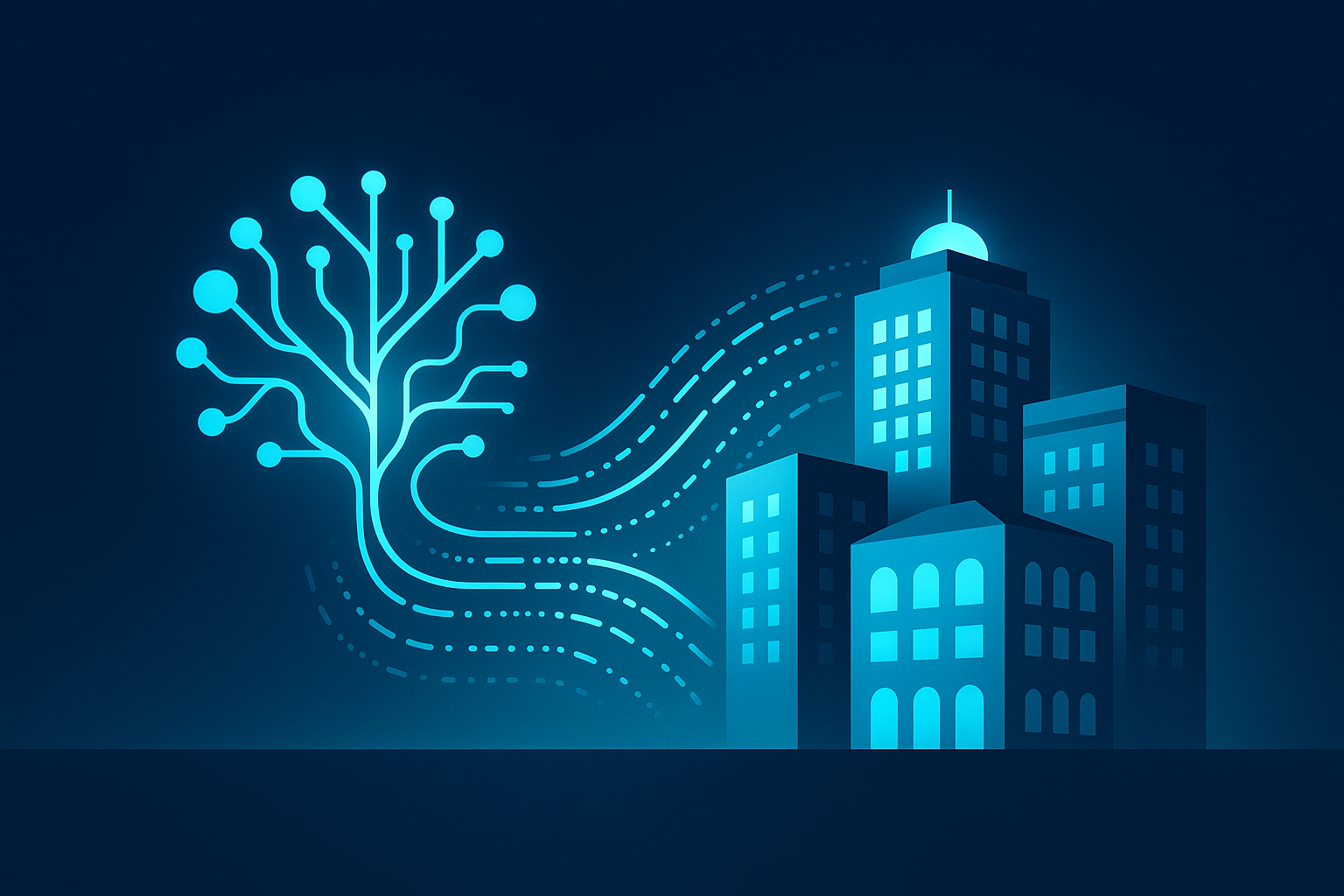 Abstract illustration of glowing neural networks and data streams integrating with hotel buildings.