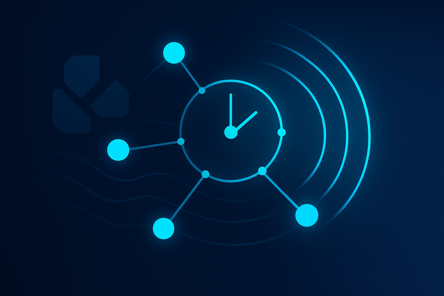 Abstract illustration of glowing nodes and flowing lines symbolizing strategic timing and trend monitoring.