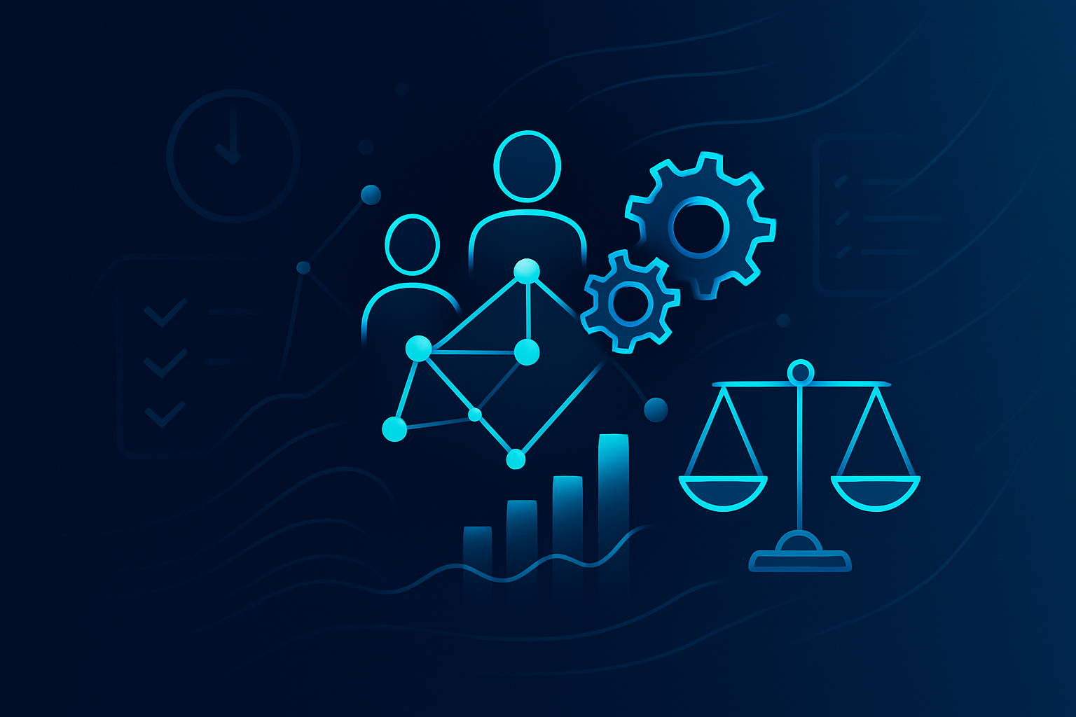 Abstract illustration of interconnected geometric shapes, gears, graphs, scales, and flow lines.