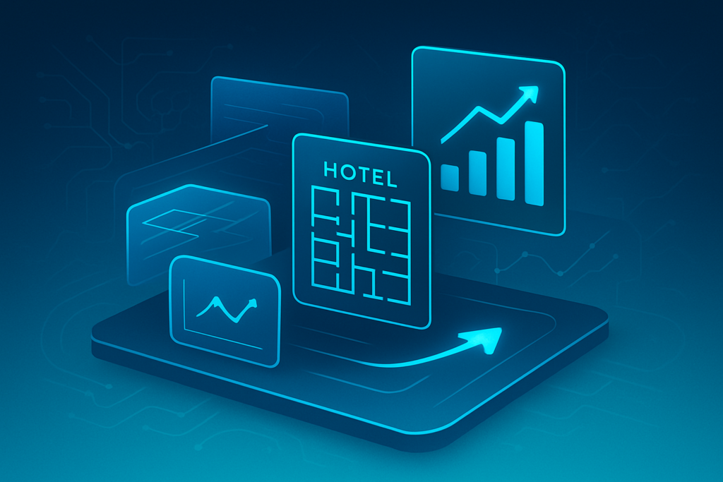 Abstract illustration of interconnected geometric shapes, digital blueprints, holographic graphs, and neural patterns.