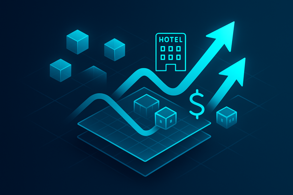 Abstract illustration of interconnected geometric shapes, arrows, hotel icons, and currency symbols with neon glow.