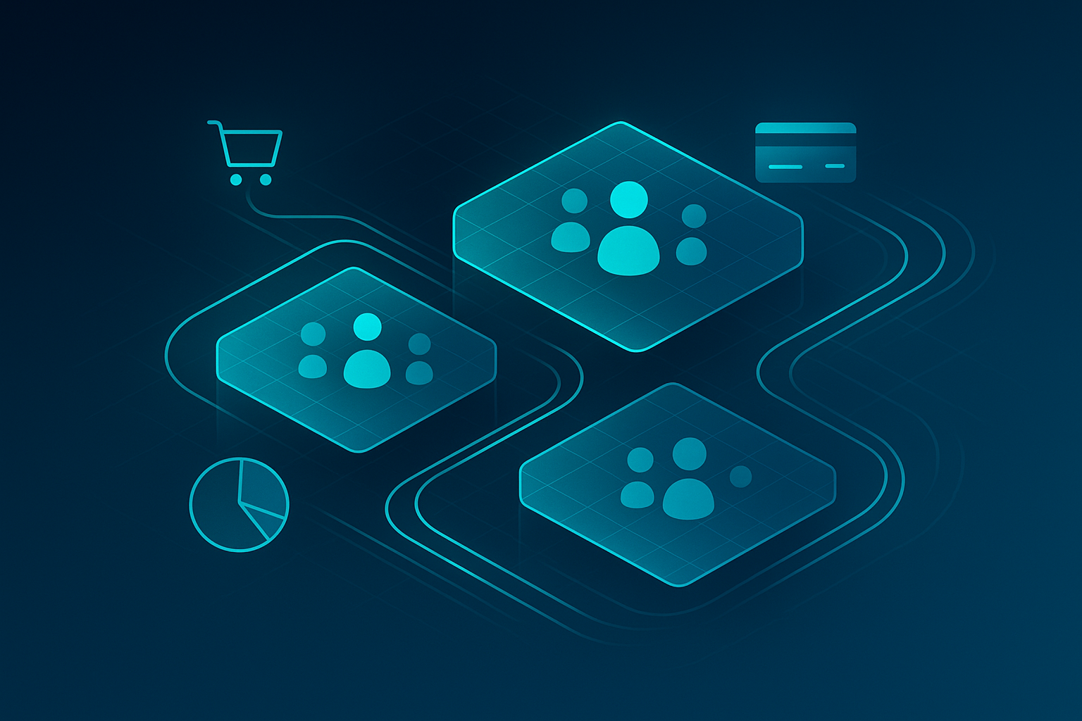 Abstract illustration of interconnected geometric shapes, data streams, and icons on a neon-lit dark blue background.