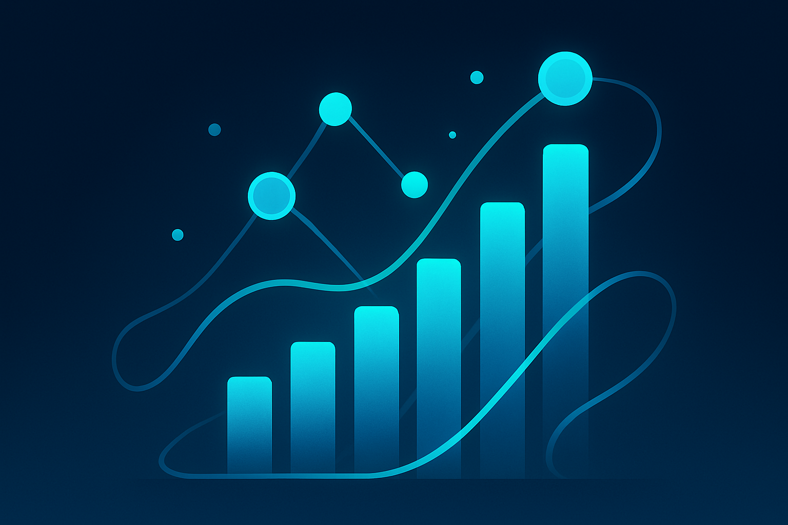 Abstract illustration of interconnected glowing nodes and ascending bar graphs on dark blue background.